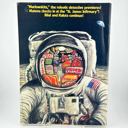 Back cover of magazine with illustration of astronaut on moon with neon signs reflected in visor. 