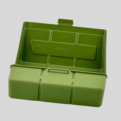 Army green rectangular case with snap closure, open to show inside lid with number: M-3389-3. 