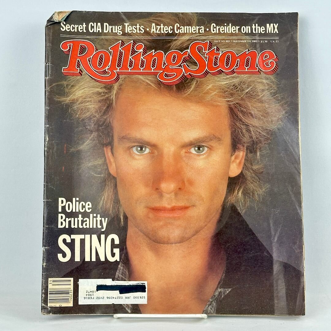 A vintage Rolling Stone magazine cover featuring a close-up portrait of Sting, with the iconic red and white logo at the top.