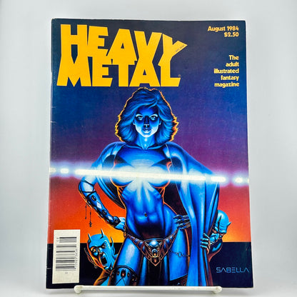 Heavy Metal magazine featuring cover art of a blue-skinned female warrior with a glowing glare across chest. 