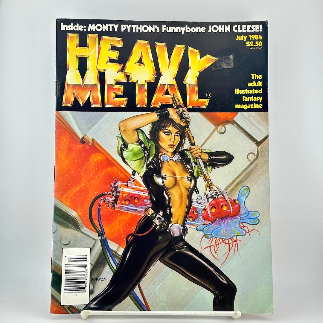 Vintage Heavy Metal magazine cover featuring illustration of woman with futuristic details and weapon. 