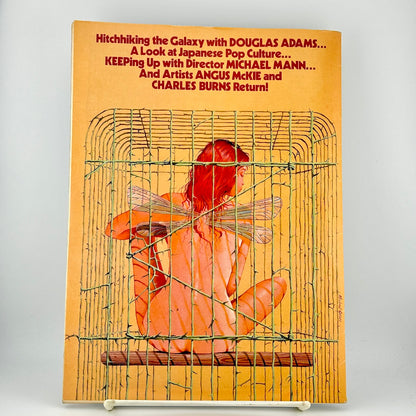 Back cover of magazine with illustration of caged, winged female underneath text detailing issue highlights. 