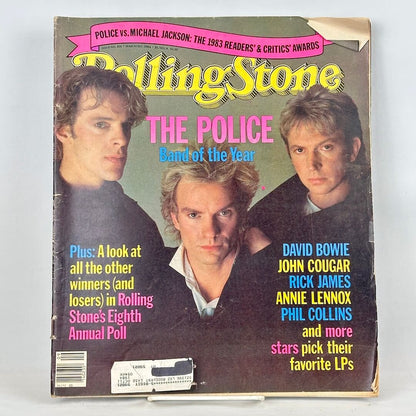 A vintage Rolling Stone magazine cover featuring portrait of the band The Police looking into camera. 