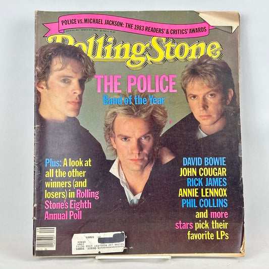 A vintage Rolling Stone magazine cover featuring portrait of the band The Police looking into camera. 