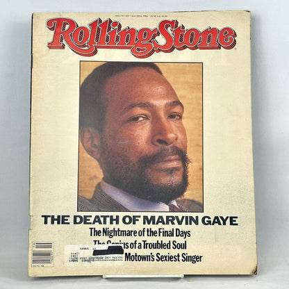 A vintage issue of Rolling Stone magazine, featuring a portrait of Marvin Gaye on the cover.