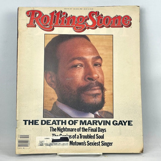A vintage issue of Rolling Stone magazine, featuring a portrait of Marvin Gaye on the cover.