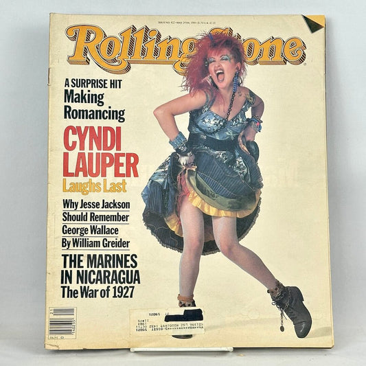 Vintage Rolling Stone magazine cover featuring Cyndi Lauper striking a pose. 