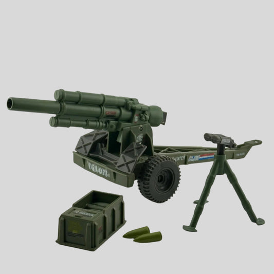 Large green gun mounted on trailer with 2 wheels & tow hitch. Tripod with binoculars, ammo box, & 2 loose bombshells on side.