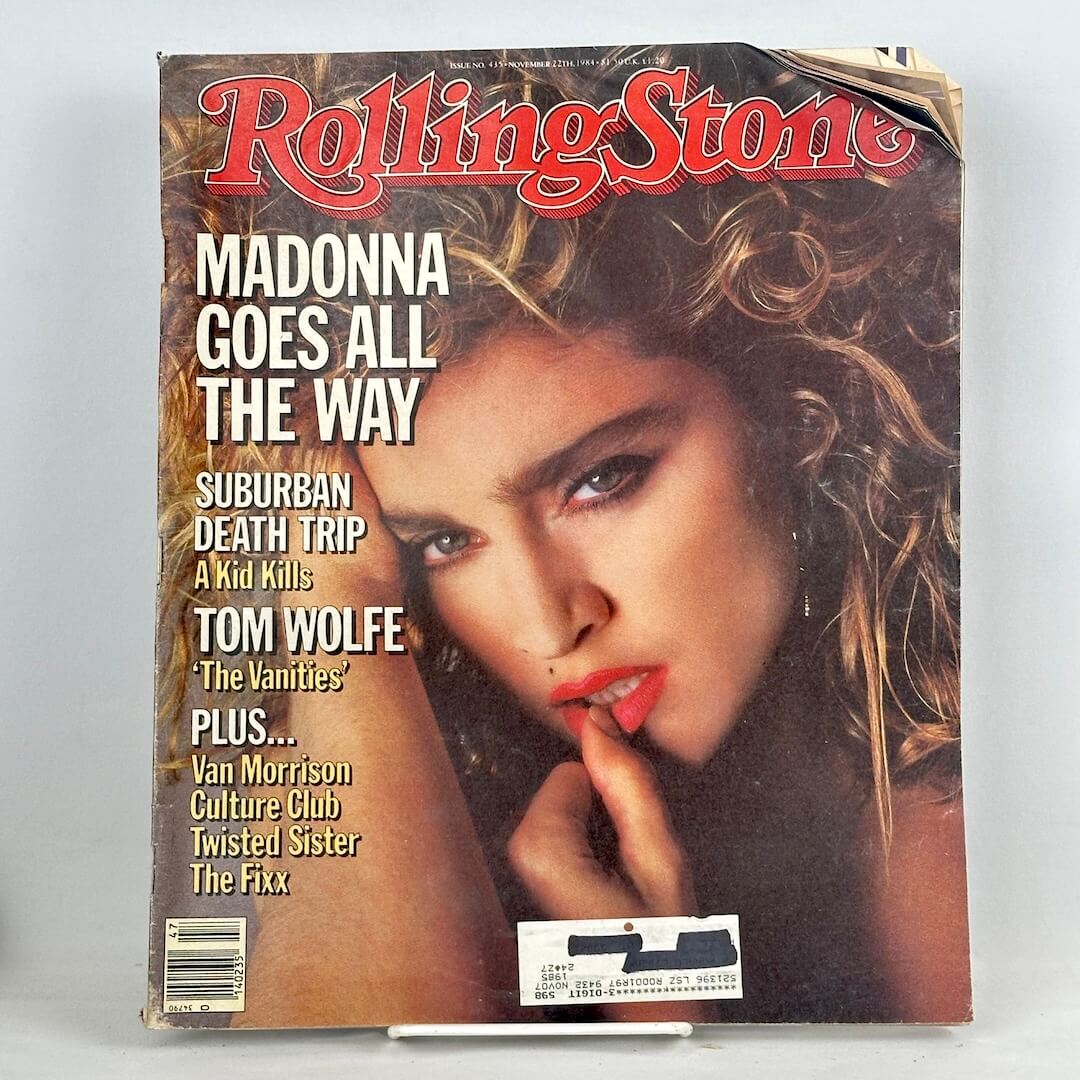 A vintage Rolling Stone magazine cover featuring Madonna on the front cover.
