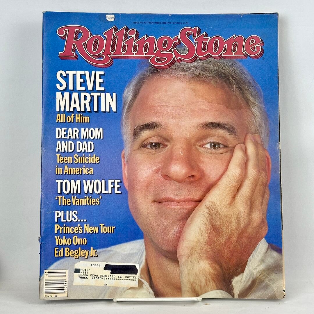 A vintage Rolling Stone magazine cover featuring Steve Martin. 