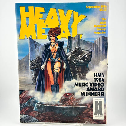 "Heavy Metal" magazine cover with illustration of futuristically dressed woman with robots walking futuristic landscape. 