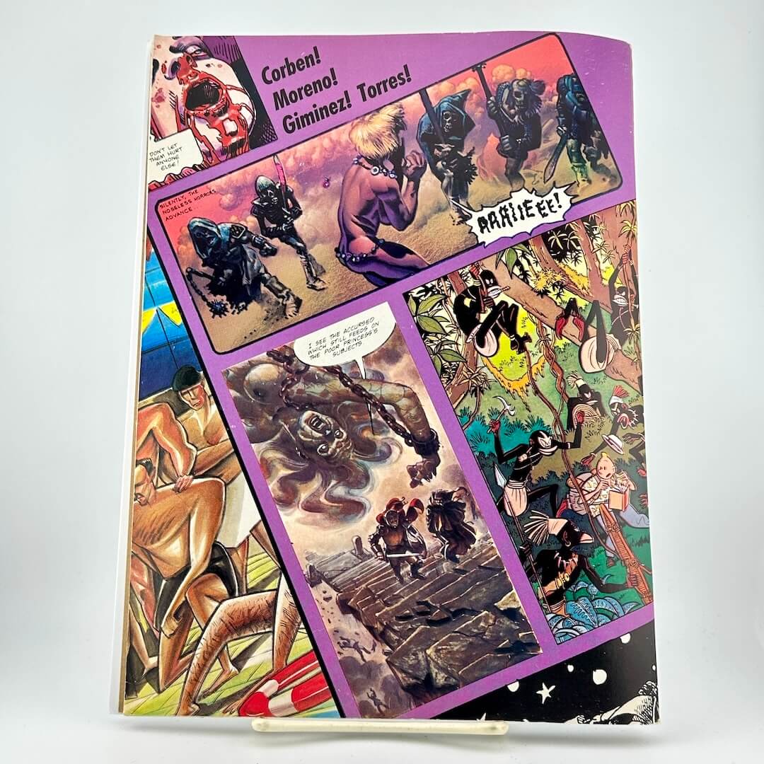 Back cover of magazine with comic panels of differing styles. 