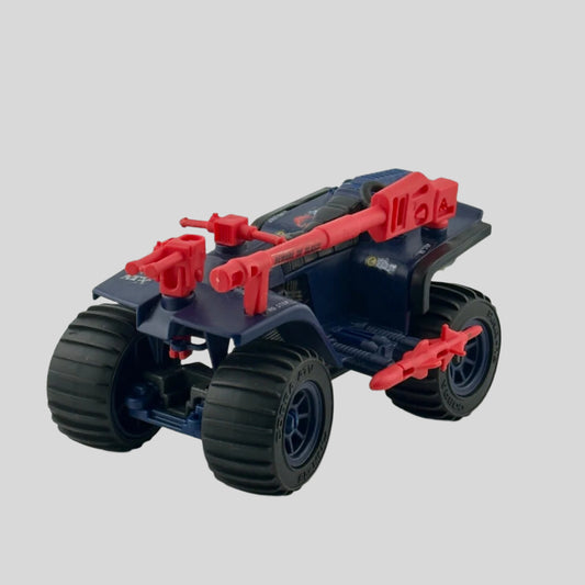 Blue ATV with red decals, red missiles, gun and handlebars, black hose attachment to largest gun, black wheels.
