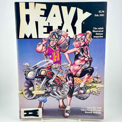 "Heavy Metal" magazine cover with couple posing by their floating motorcycle. 