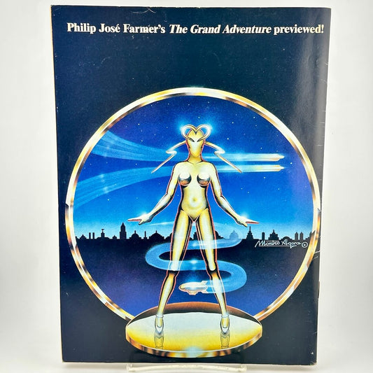 Back cover of magazine with woman-like android standing in front of city skyline. 