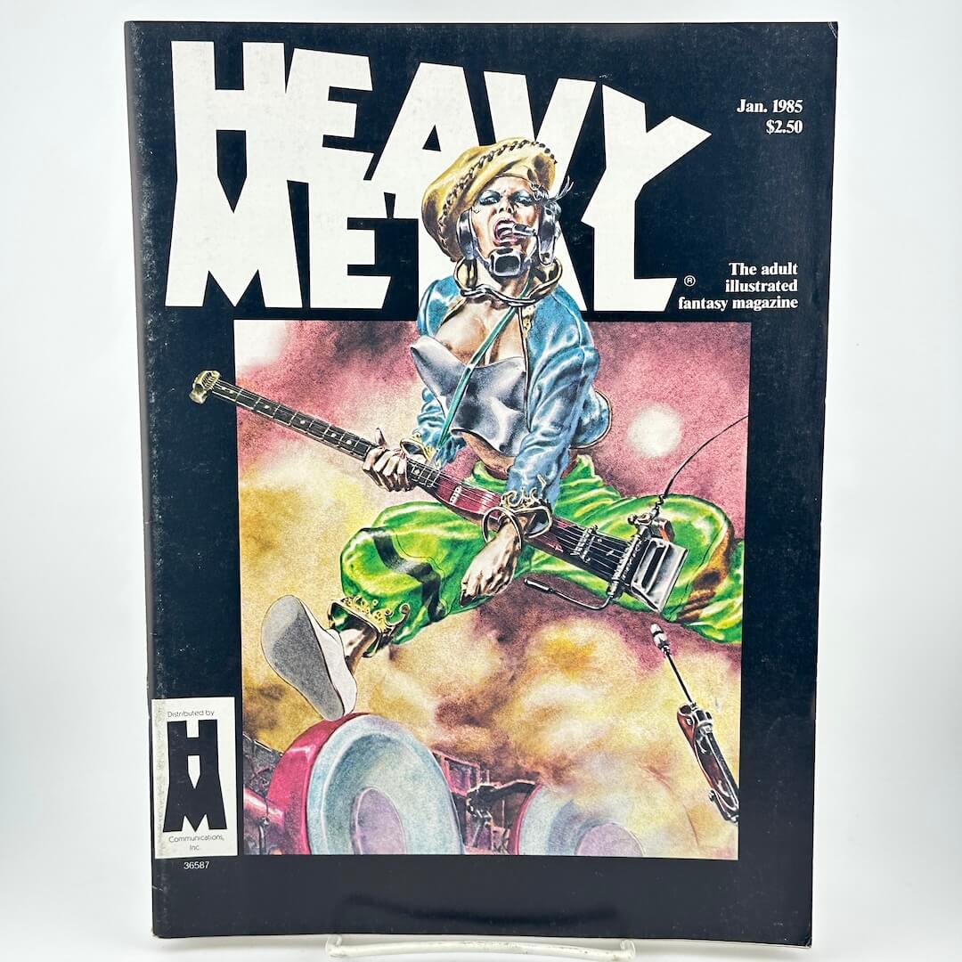 "Heavy Metal" magazine cover with illustration of woman singing and playing guitar 