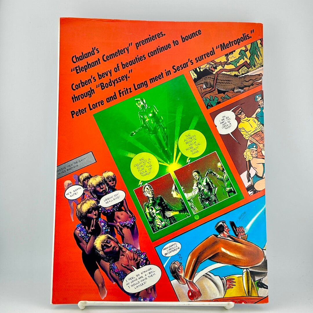 Back cover of magazine featuring a bright orange-red background with multiple colorful comic panels, & black text.