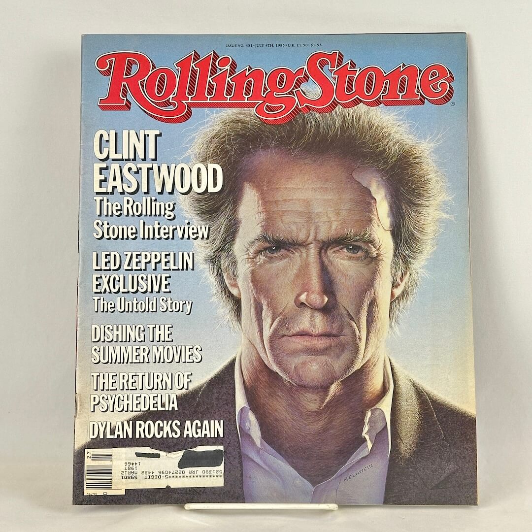 Vintage issue of Rolling Stone magazine with up-close portrait of Clint Eastwood on cover. 