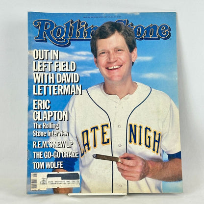 A vintage Rolling Stone magazine cover featuring David Letterman in baseball jersey on cover. 