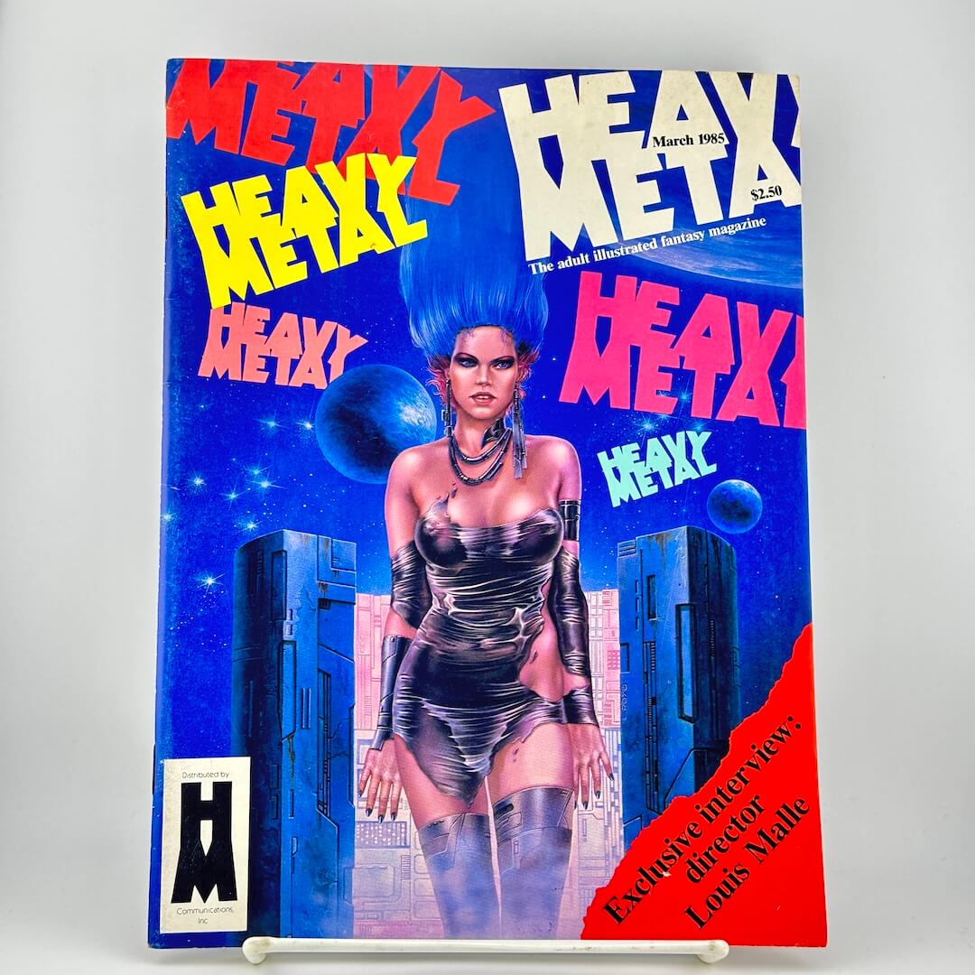Vintage Heavy Metal magazine cover with woman in silver dress with multiple magazine logos in bright colors. 