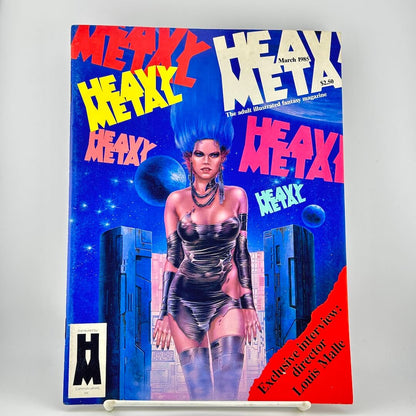 Vintage Heavy Metal magazine cover with woman in silver dress with multiple magazine logos in bright colors. 