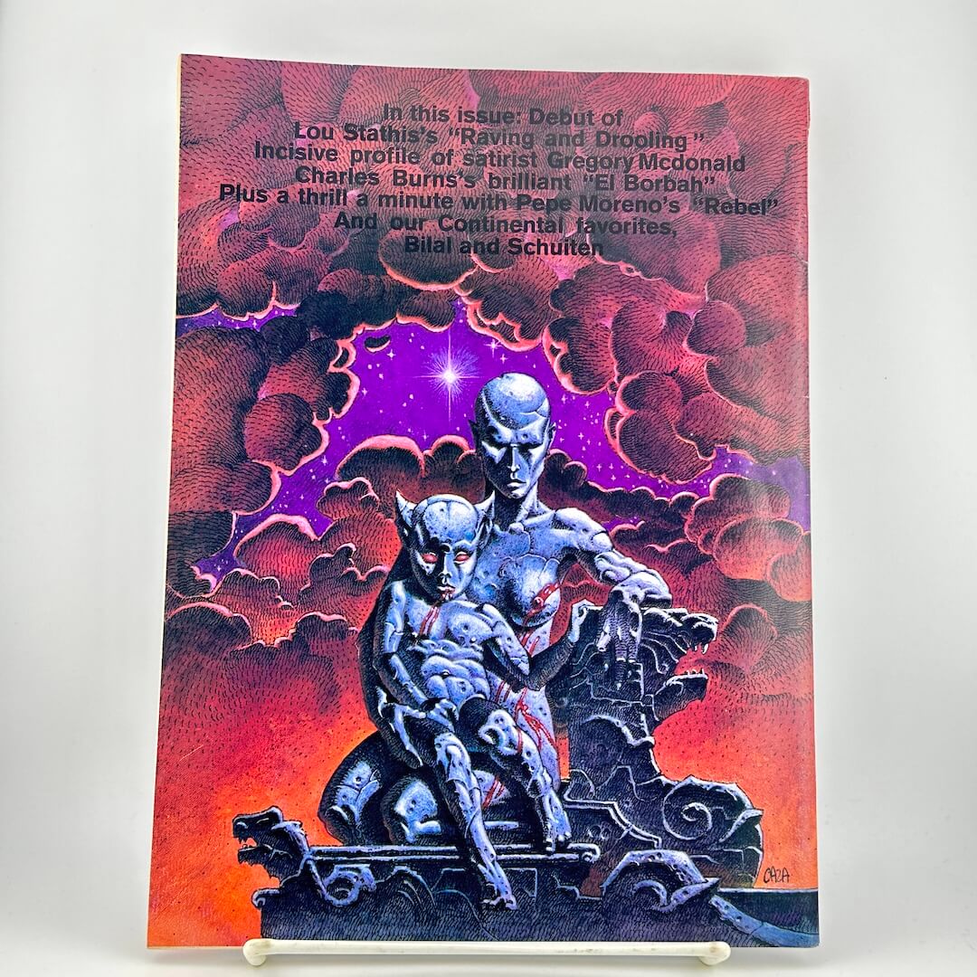 Back cover of magazine featuring a dramatic sci-fi illustration with two blue-gray humanoid figures in a futuristic city.