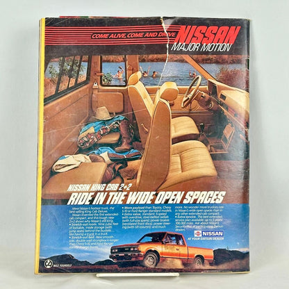 Back cover of magazine with full page ad for Nissan Datsun showing interior and exterior shots of the vehicle. 