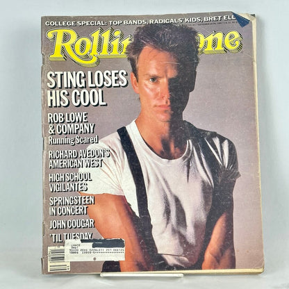 A vintage 1985 issue of Rolling Stone magazine featuring a portrait of Sting wearing a white t-shirt.