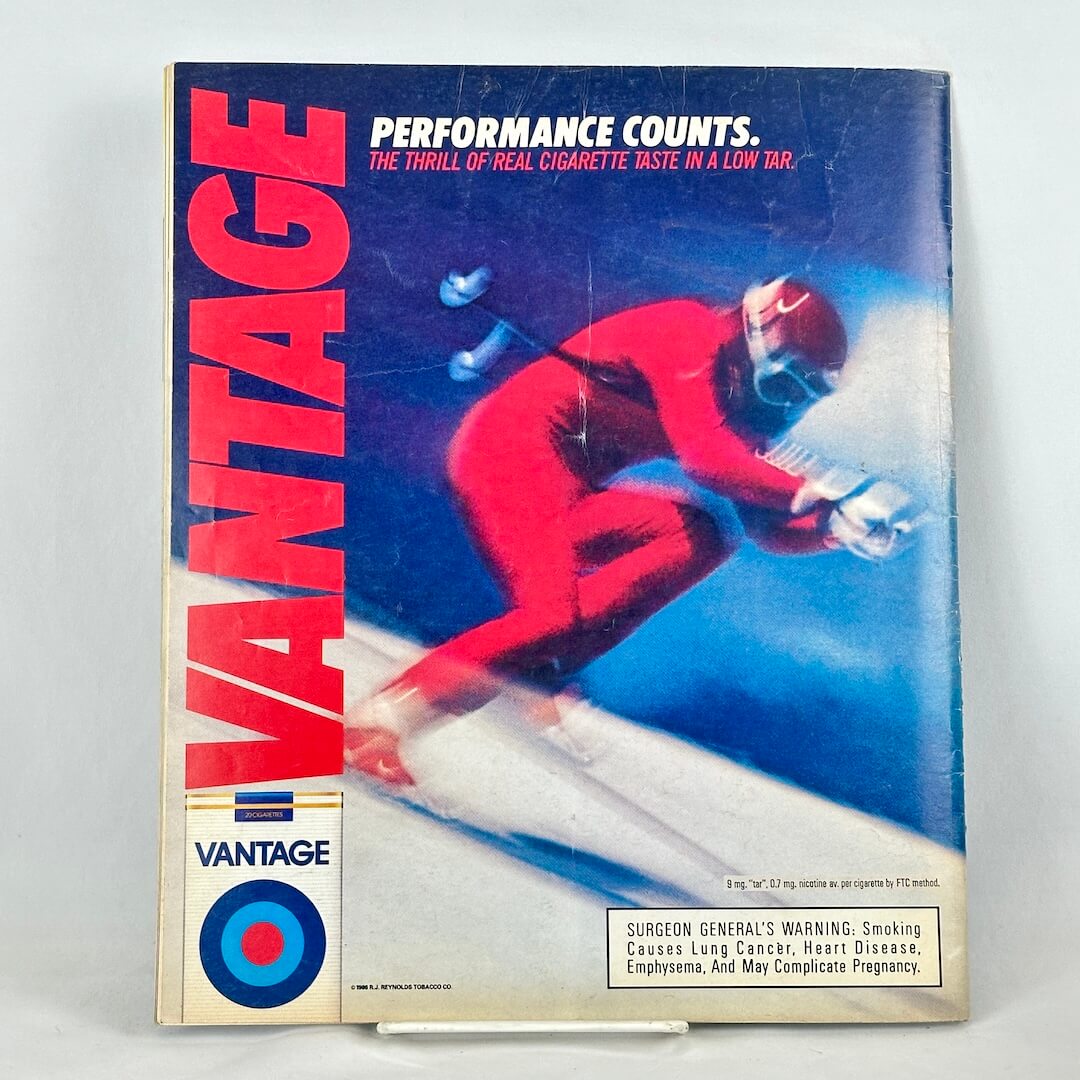 Back cover of magazine with full page ad for Vantage cigarettes featuring an image of a speed skiier. 