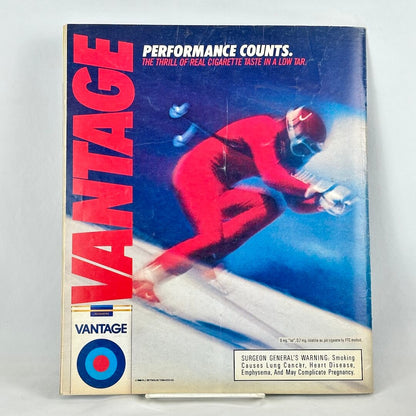 Back cover of magazine with full page ad for Vantage cigarettes featuring an image of a speed skiier. 