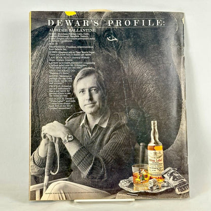 A vintage Dewar's Profile magazine ad featuring Alastair Ballantyne, with a whiskey bottle and glass on the back cover.