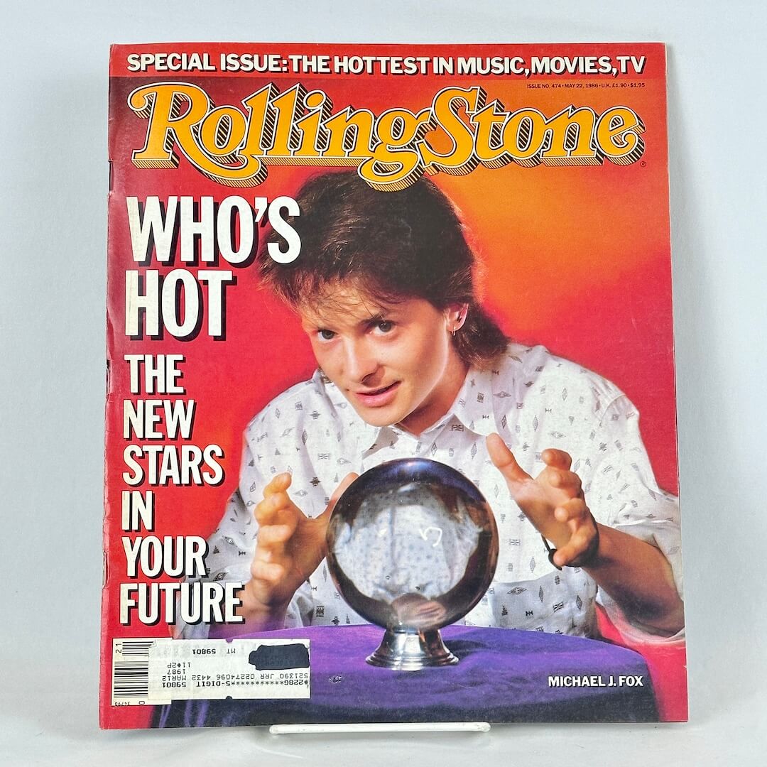 A vintage Rolling Stone magazine cover featuring Michael J. Fox holding a crystal ball.