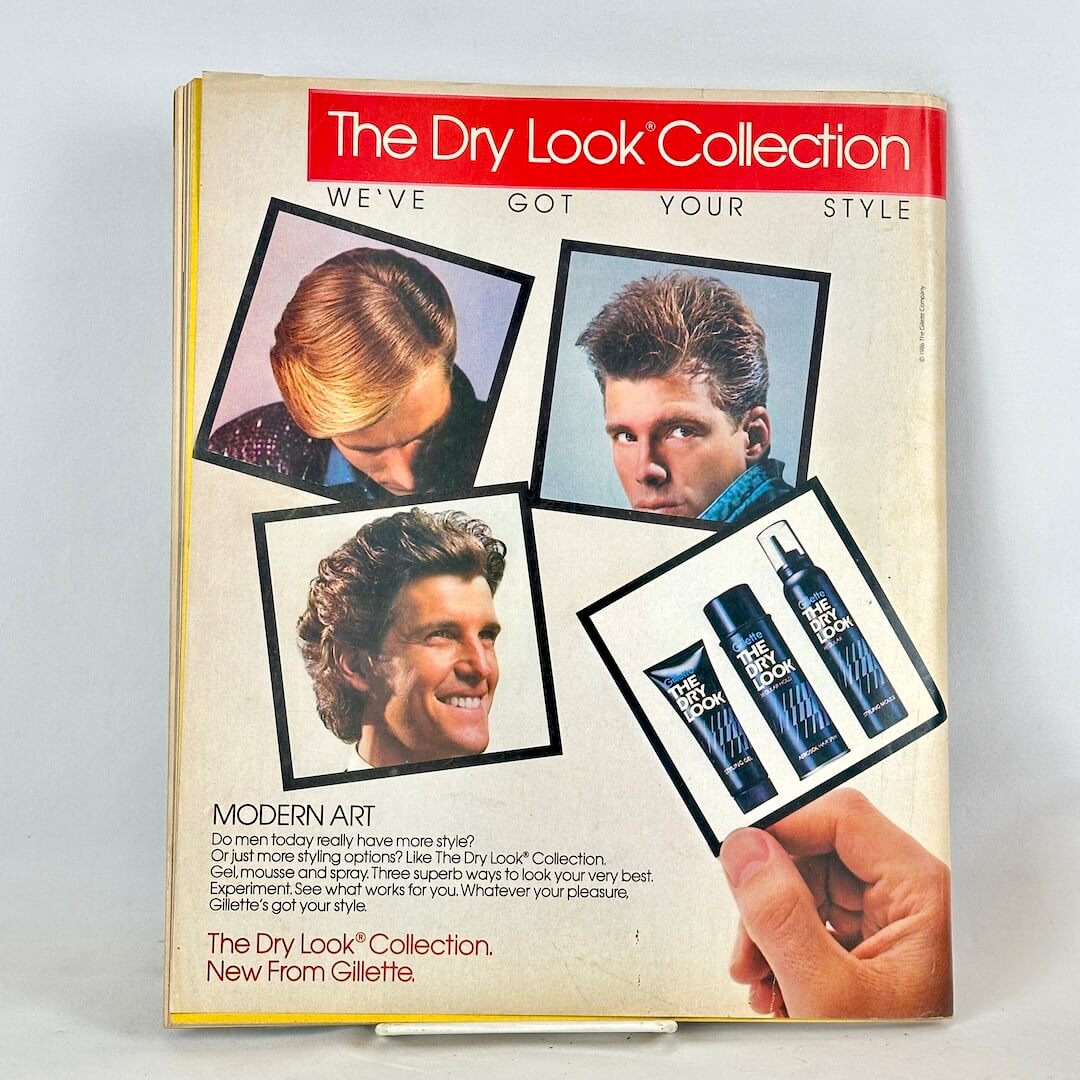 Back cover of magazine with full page ad for Gillette hair products. 