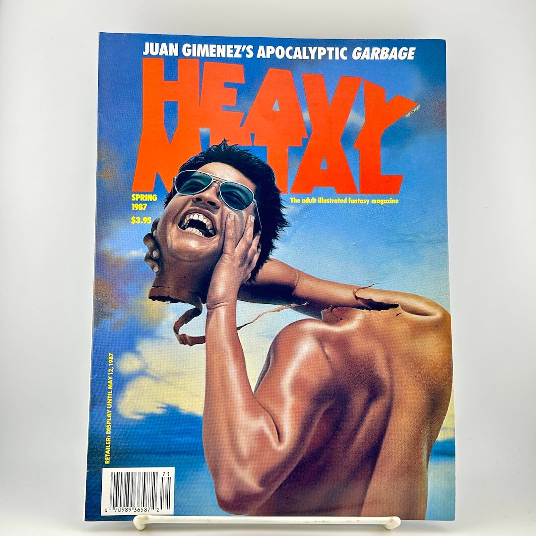 Heavy Metal magazine cover featuring a surreal illustrated scene with a shirtless figure, sunglasses, and large orange title text.