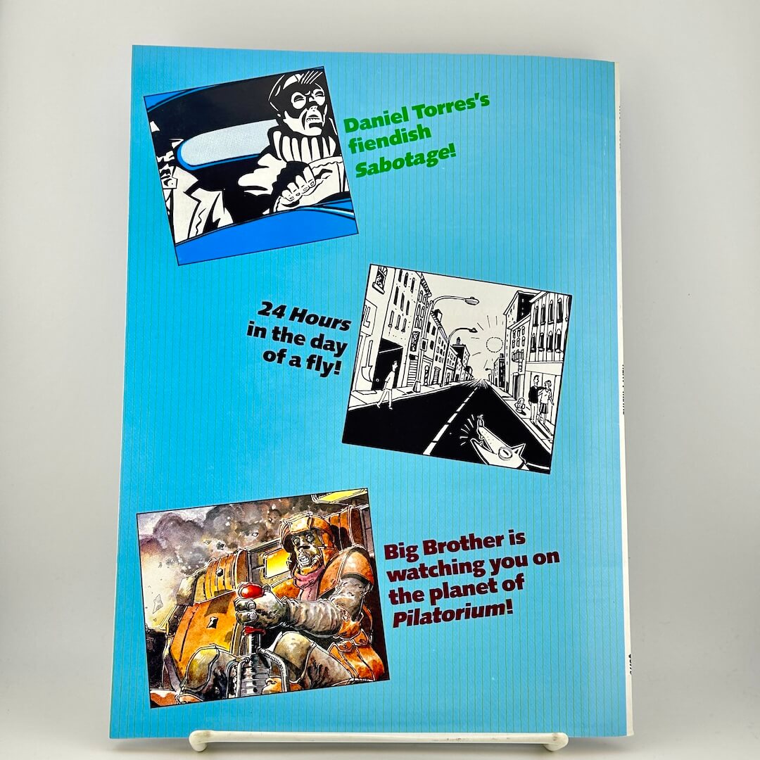 Back cover of magazine with three panels of illustrations with text captions on blue background. 