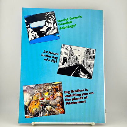 Back cover of magazine with three panels of illustrations with text captions on blue background. 