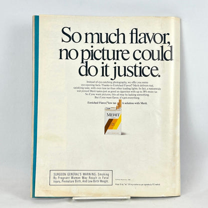 Back cover of magazine with full page ad for Merit cigarettes with large text and image of cigarette pack. 