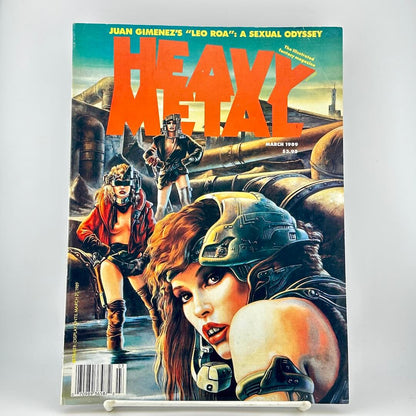 Heavy Metal magazine with illustrated cover art with two women in futuristic armor and a large orange title.