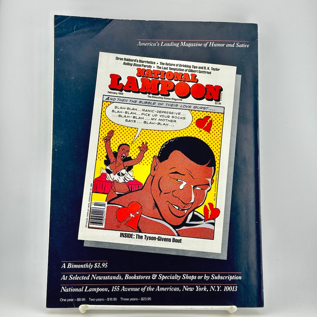 Back cover of magazine with a comic-style illustration with the title 'National Lampoon' in large red letters.