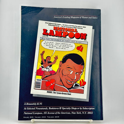 Back cover of magazine with a comic-style illustration with the title 'National Lampoon' in large red letters.