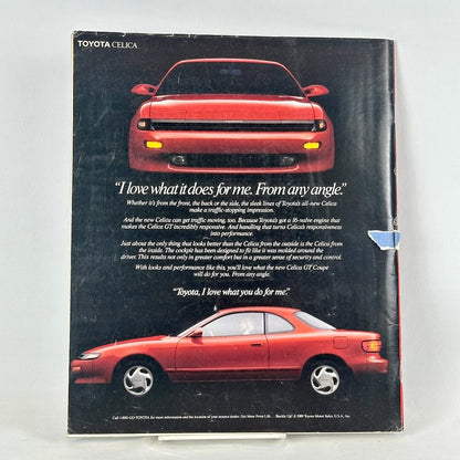 Back cover of magazine with full page ad for Toyota Celica featuring and front and side view of red vehicle. 