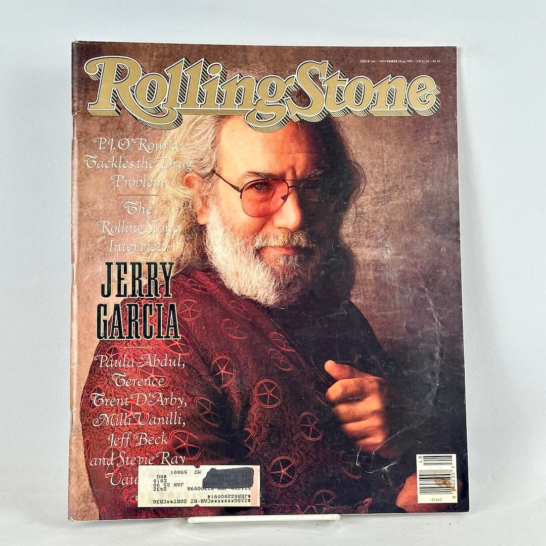 A vintage Rolling Stone magazine cover featuring a portrait of Jerry Garcia.