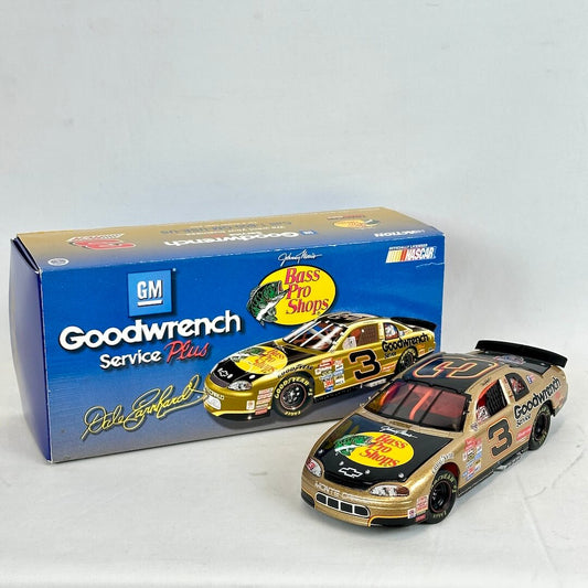 Model car with Goodwrench and Bass Pro Shops branding next to its packaging on a white background