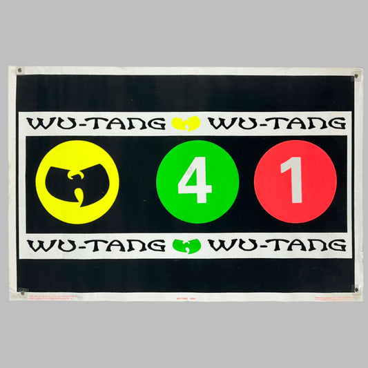Flocked UV poster with two white banners with “wu-tang" written twice on either side of 3 central circles: logo,”4," & “1.”