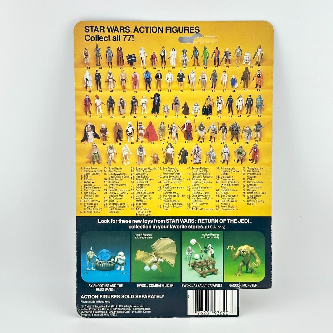 Star Wars action figures packaging with character illustrations and text on a yellow background
