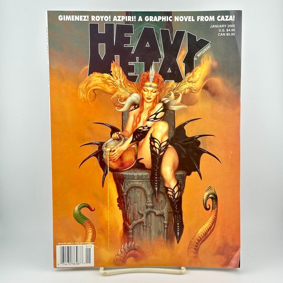 A January 2000 issue of Heavy Metal magazine, featuring the cover art of a fantasy female figure with wings and snakes.