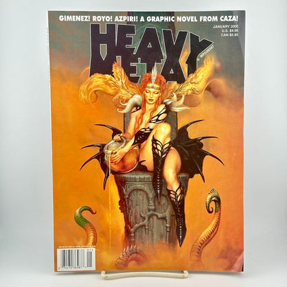 A January 2000 issue of Heavy Metal magazine, featuring the cover art of a fantasy female figure with wings and snakes.