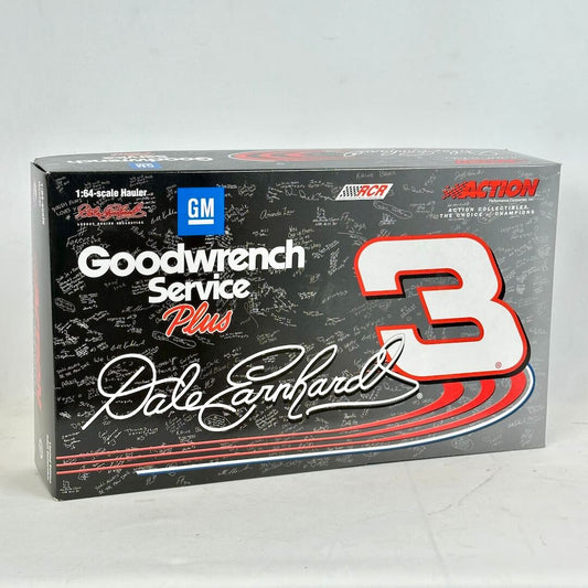 Model car kit packaging for Dale Earnhardt with Goodwrench Service Plus branding on a gray background