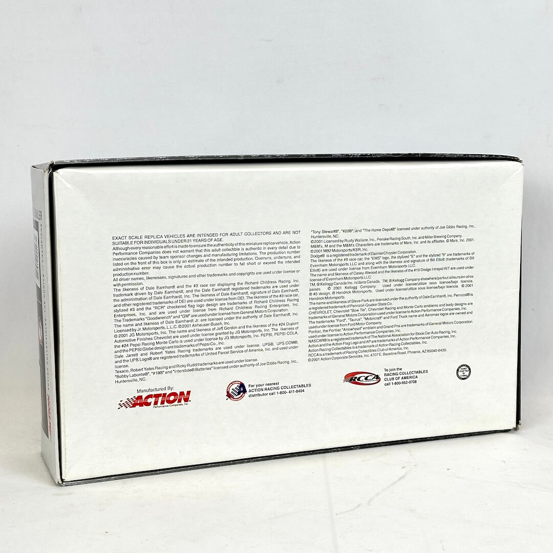 Back view of a model car packaging box with text and logos on a white background