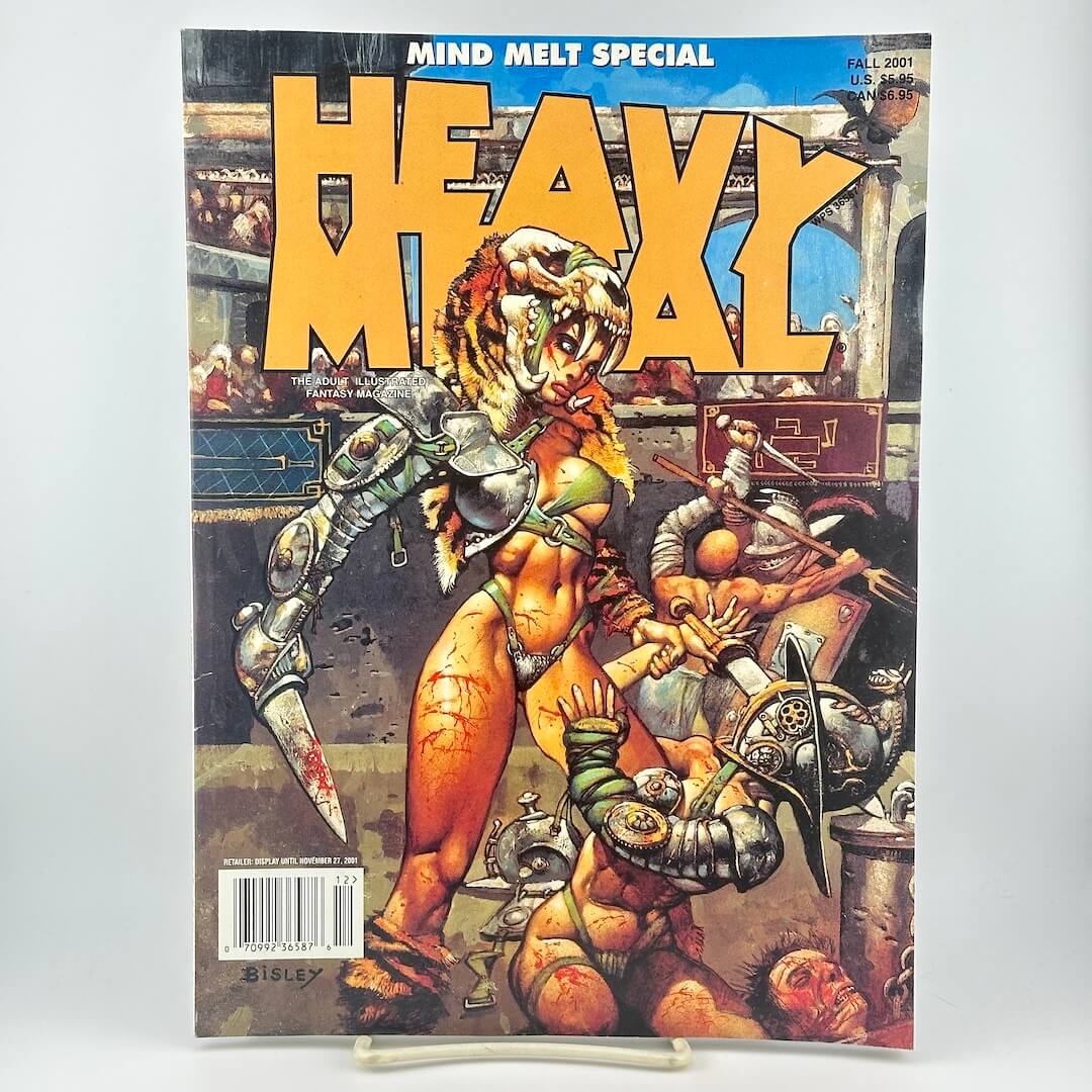 Heavy Metal magazine cover with woman in futuristic battle armor in fight scene under large yellow title. 